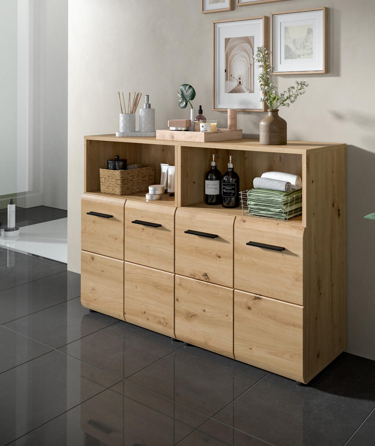 BADKOMMODE Set Eiche Artisan, 2x Badkommode 60 x 80 cm, Cover - Schwarz/Eiche Artisan, Holzwerkstoff/Kunststoff (120/80/30cm) - Inn.Furn