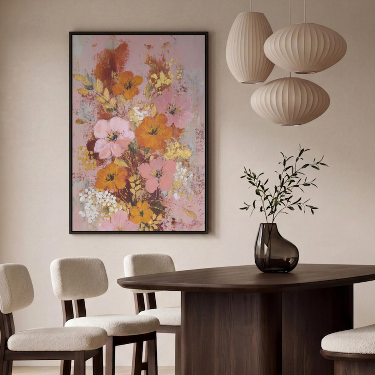 LEINWAND Bilder mit Rahmen - Malerei - Blumen - Rustikal - Rosa - 90x140 - Altrosa, Textil (90/140cm) - MuchoWow