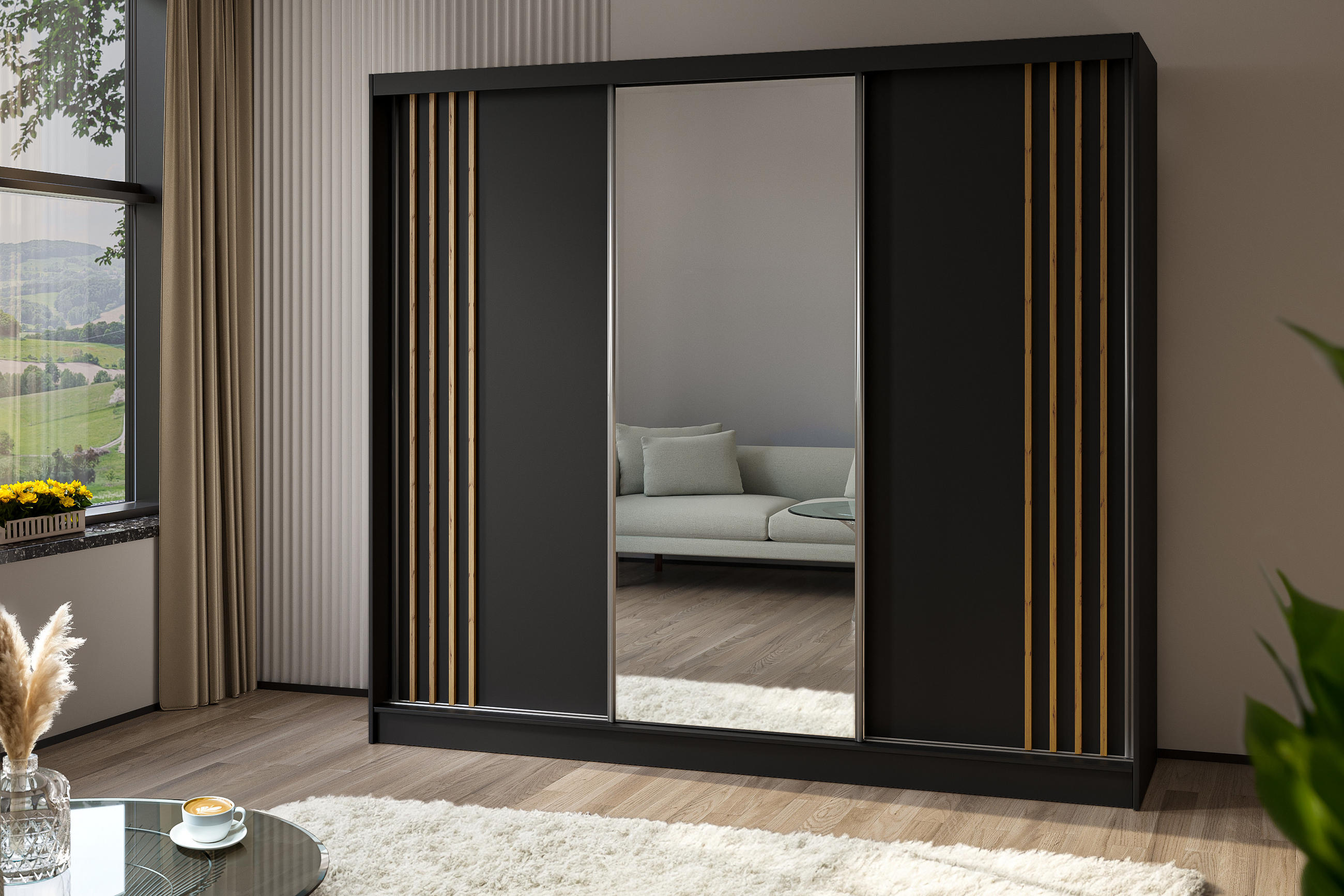 KLEIDERSCHRANK mit Spiegel-Schiebetüren und Aluminium-Leisten, LED-Beleuchtung - NALLA - 240 cm Schwarz+Schwarz+Artisan - Anthrazit/Eiche Artisan, Holzwerkstoff (240/216/61cm) - ALTDECOR