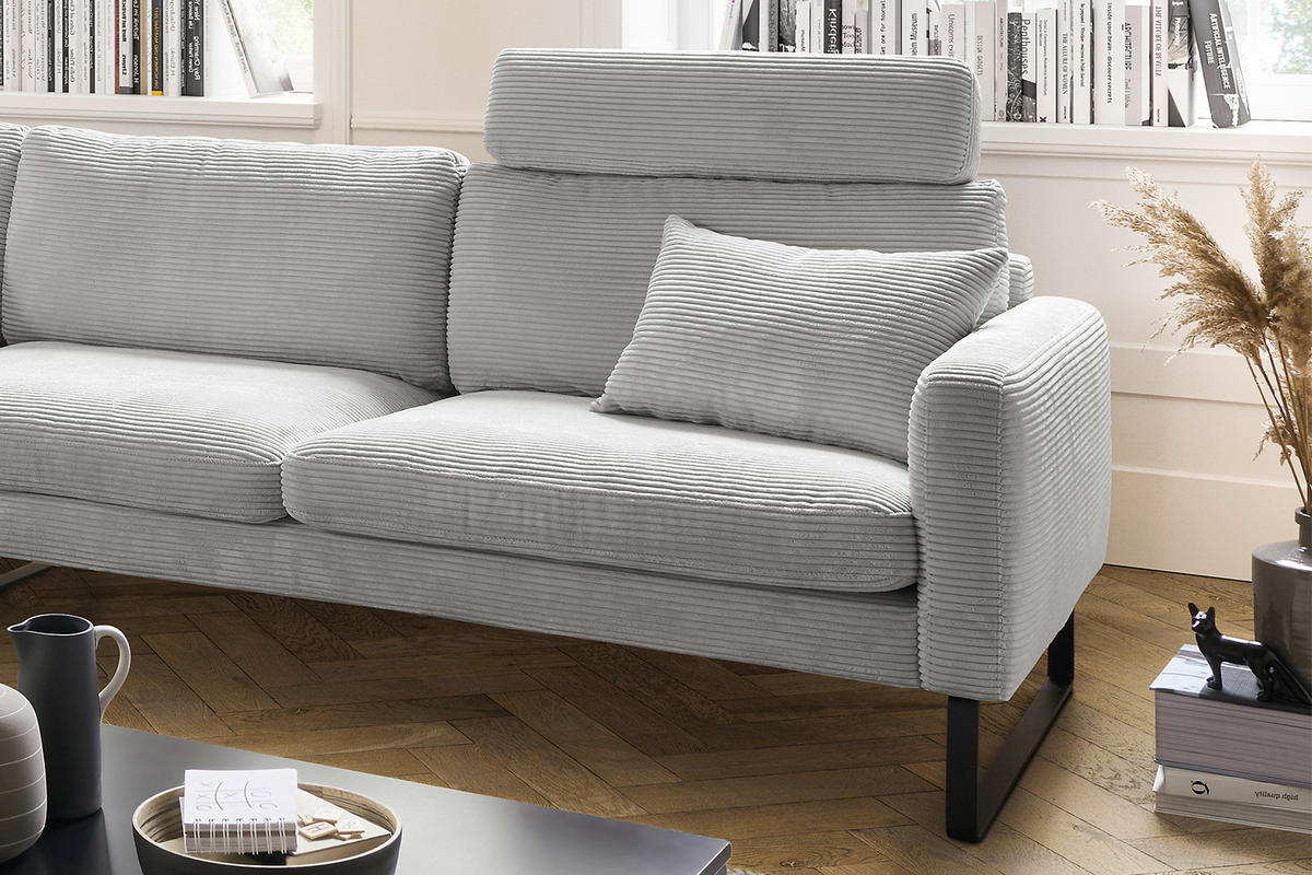 ECKSOFA RICARDA Hellgrau Cord - Hellgrau/Schwarz, Textil/Metall (298/154cm) - KAWOLA