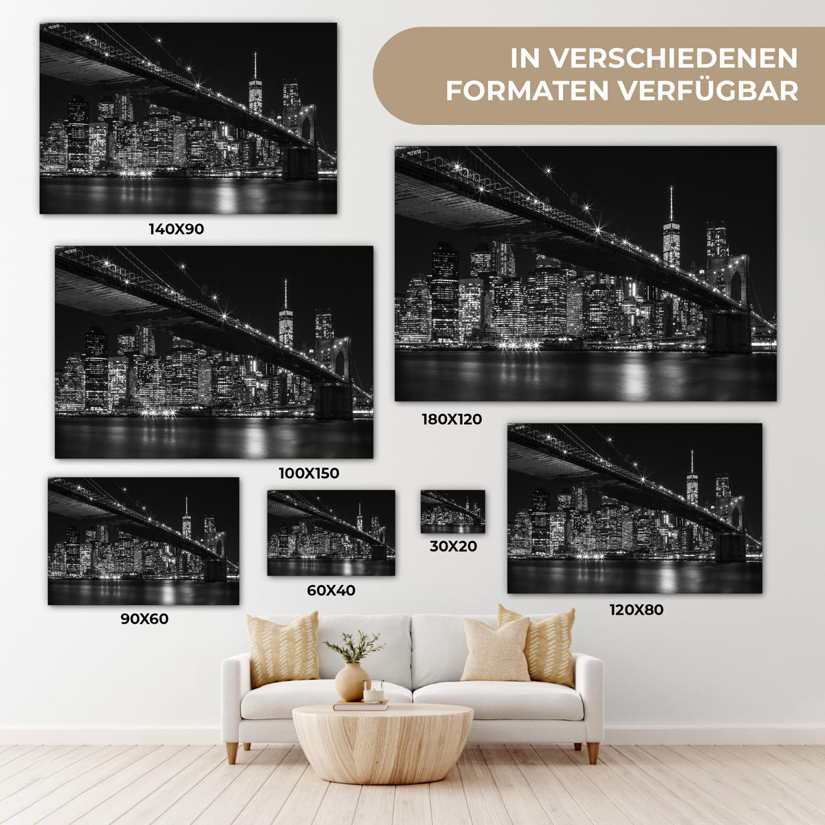 LEINWANDBILD New York - Brooklyn - Brücke Wohnzimmer 120x80 cm - Schwarz, Textil (120/80cm) - MuchoWow