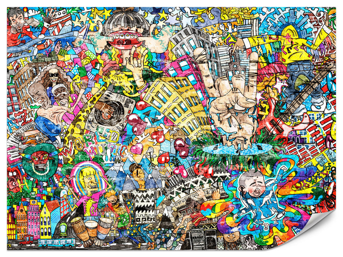 FOTOTAPETE für Jugendzimmer Buntes Graffiti Streetart Bunt 300x210 - Türkis/Gelb, Papier (300/210cm) - Muralo