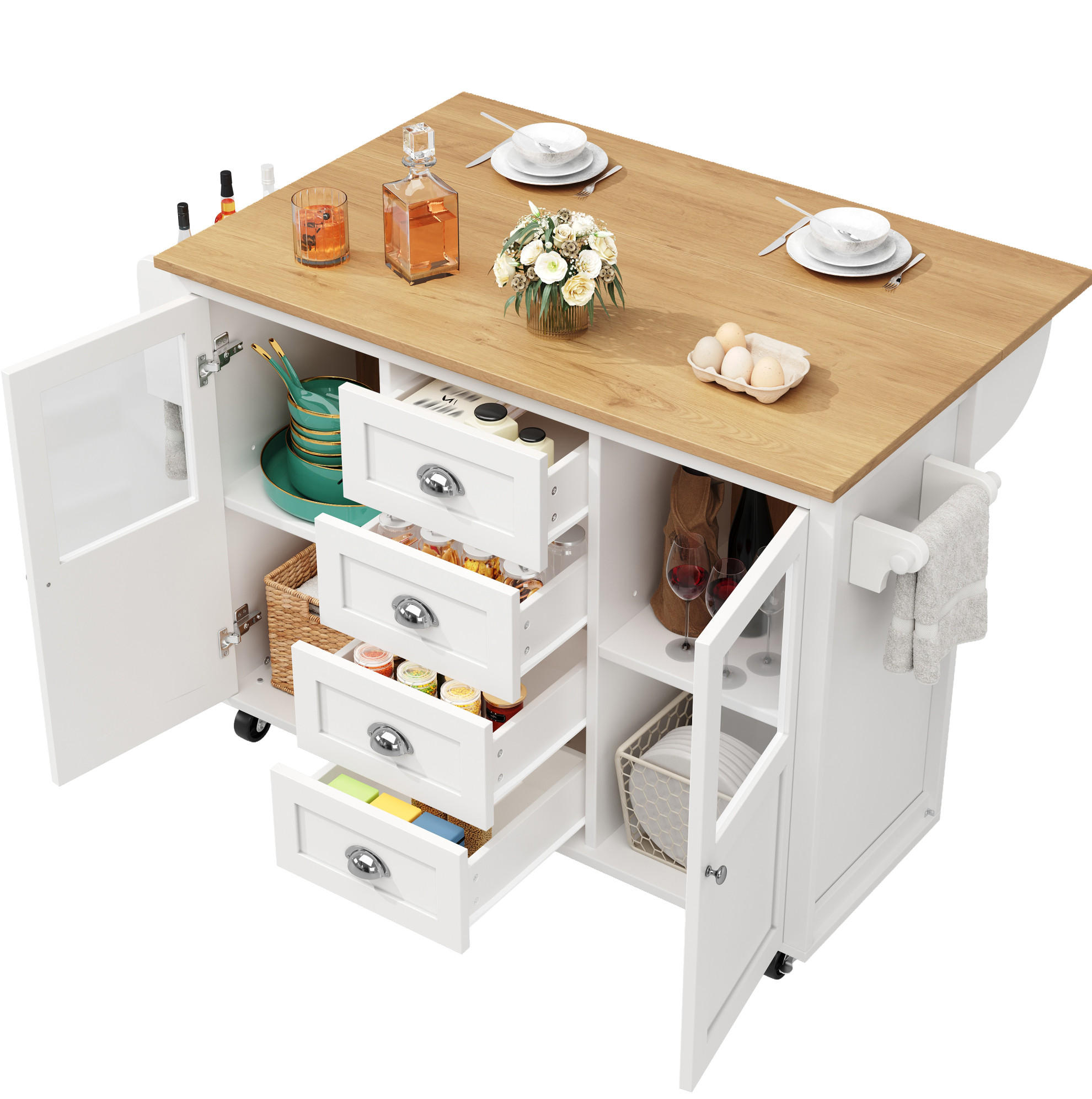 KÜCHENINSEL aus MDF und Metall 137,9x73x92,5 cm Weiß mit Klapptisch, Rollen und großem Stauraum - Weiß, Holzwerkstoff (137.9/92.5/73cm) - Modfu