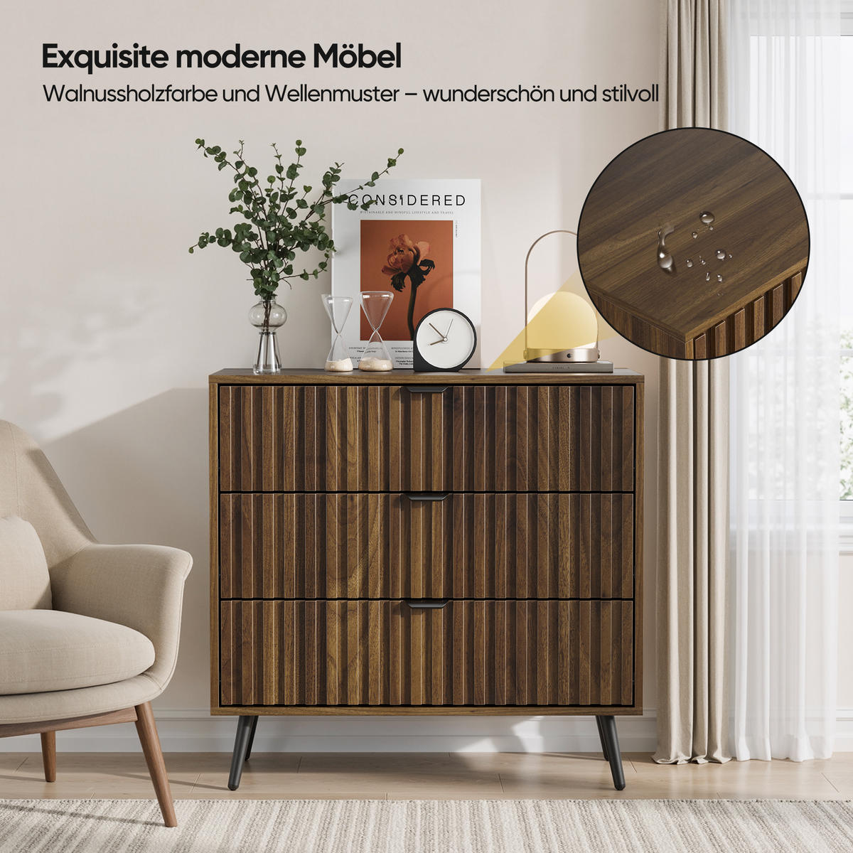 SIDEBOARD 80 cm Walnuss – Sideboard mit 3 Schubladen & Metallbeinen Modern - Walnussfarben/Schwarz, Holzwerkstoff (80/78/38cm) - Urban Meuble