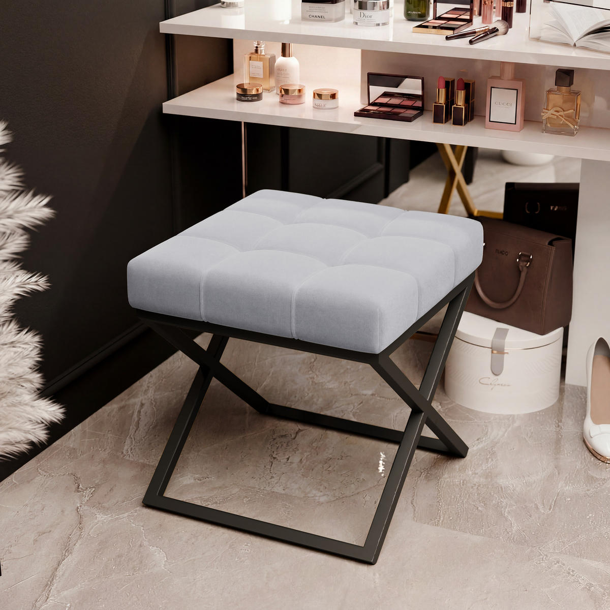 HOCKER LIND 45/45/45 cm, Schwarz / Grau - Schwarz/Grau, Textil/Metall (45/45/45cm) - Idohome