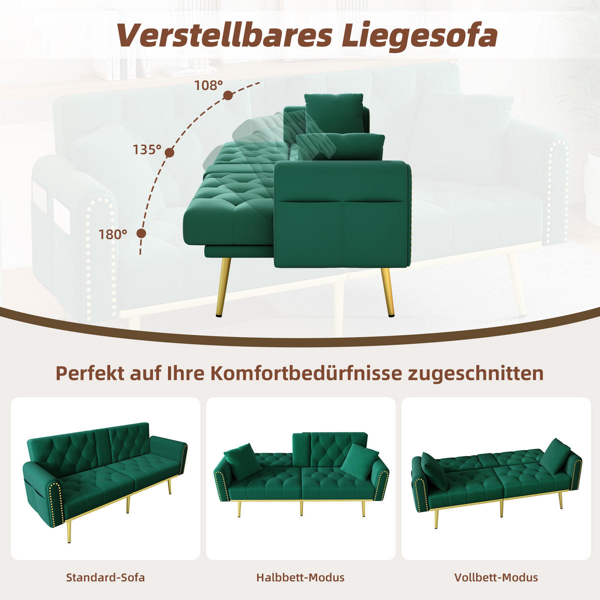 SCHLAFSOFA Samt mit verstellbarer Rückenlehne und Getränkehalter Grün 175/80/73,5 cm - Grün, Textil (73.5/175/80cm) - Redom