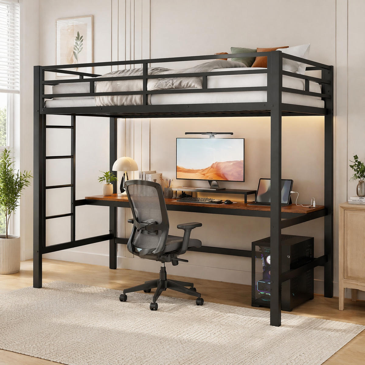 HOCHBETT 90/200 cm Schwarz aus Metall mit Tisch und Lichtleiste - Schwarz, Metall (90/200cm) - OKMYHOME