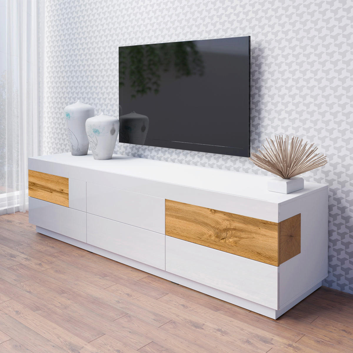 TV STOLEK Andrea Bílá a dřevo - bílá, kompozitní dřevo (206/54/50cm) - Petits-meubles