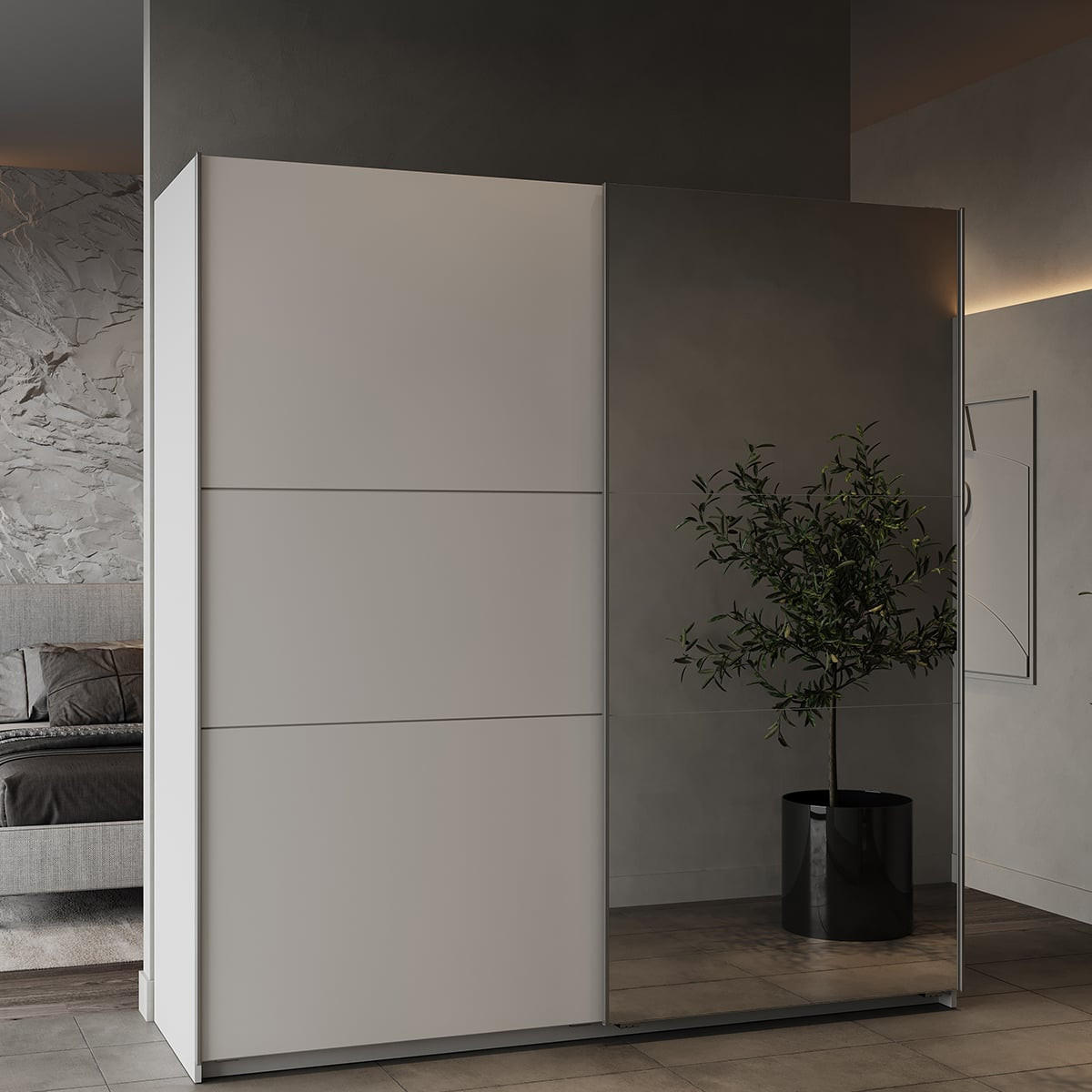 KLEIDERSCHRANK mit 2 Schiebetüren und Spiegel Ghost - L194,5 cm - Weiß, Holz (194/203/60cm) - Demeyere