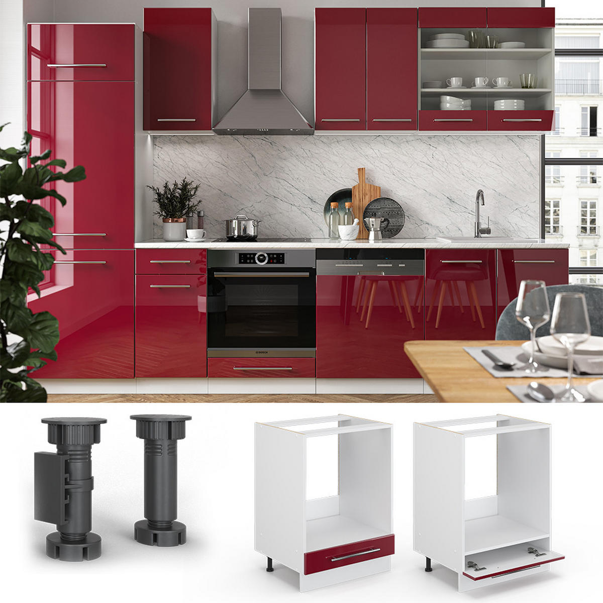 HERDUMBAUSCHRANK Fame-Line Bordeaux Hochglanz 60 cm, AP Eiche - Bordeaux/Weiß, Holzwerkstoff (60/82/60cm) - Vicco