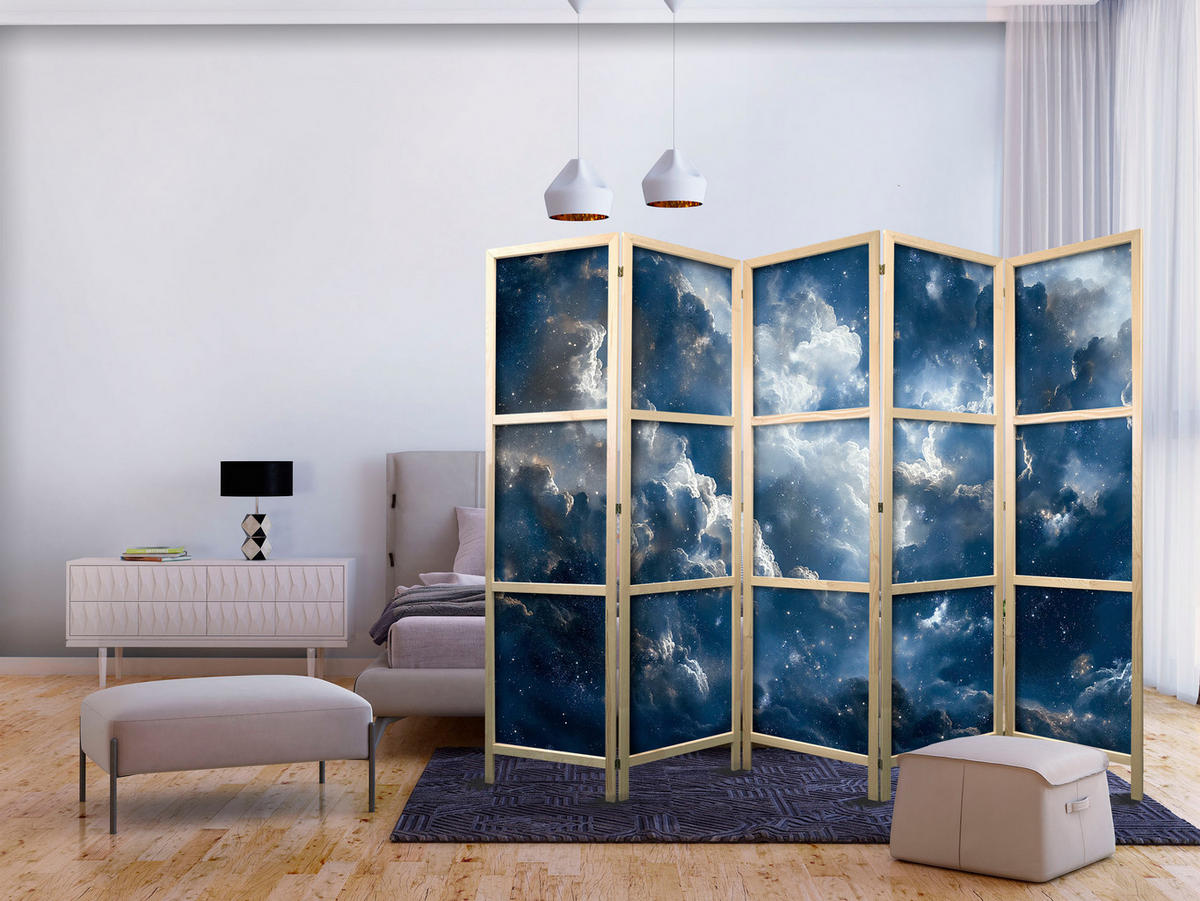 PARAVENT Japanischer 5-tlg 225x172 cm Wolken Und Sterne - Blau, Holz/Textil (225/172/3cm) - Muralo