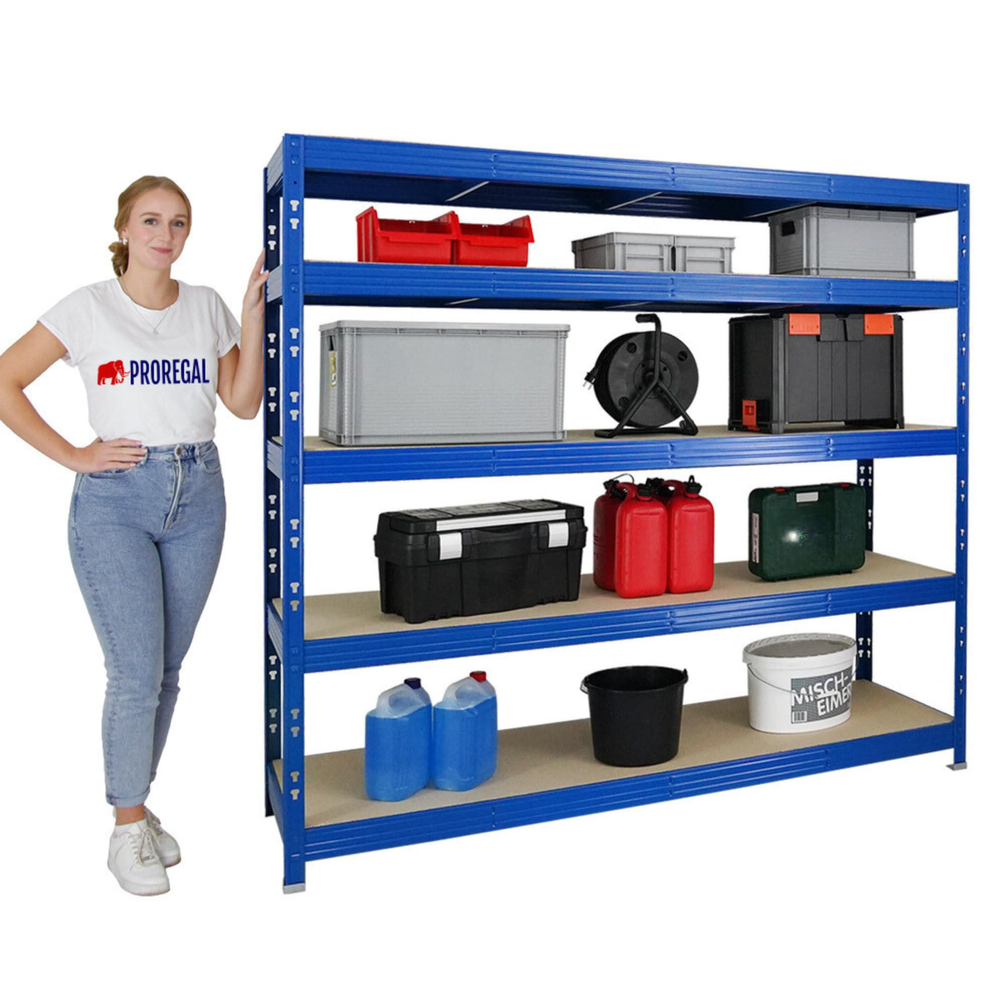 SCHWERLASTREGAL Rhino 180x200x60 cm 5 Spanplatten-Ebenen 8mm Fachlast 500 kg Blau - Blau, Metall (200/180/60cm) - PROREGAL