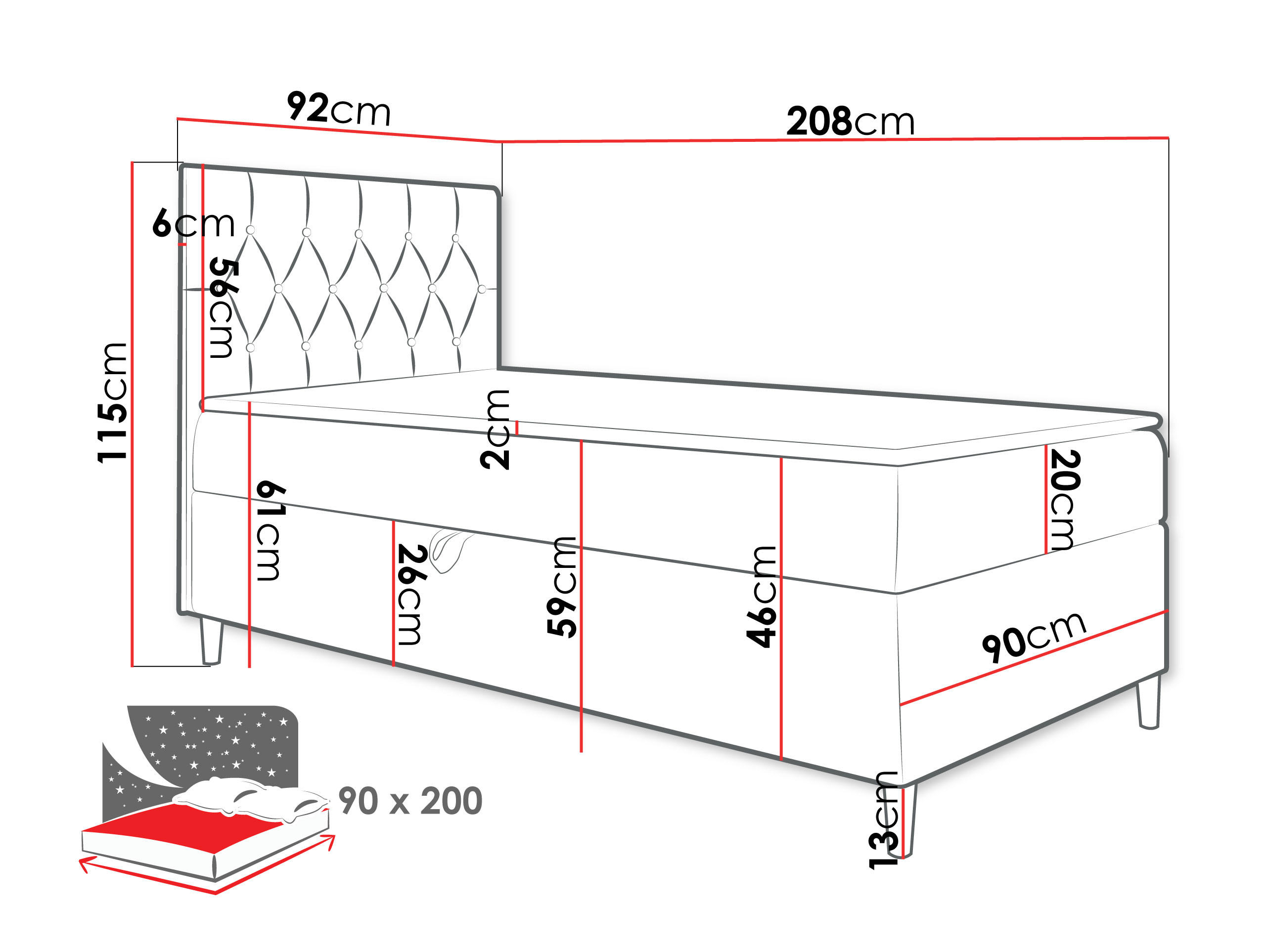 Thumbnail - Mirjan24 Boxbett, Weiß, Schwarz, Holz, H3, 90x200 cm, Schlafzimmer, Betten, Boxspringbetten