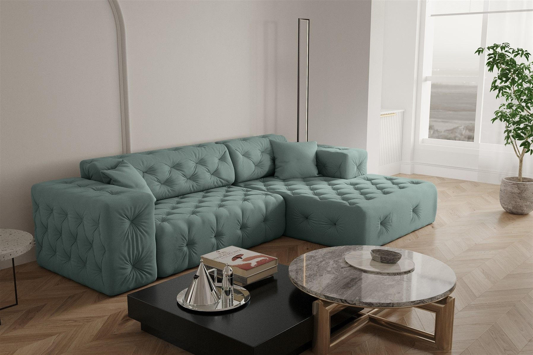 ECKSOFA Chantal - Salbeigrün, Holzwerkstoff/Textil (266/171cm) - Fun Möbel