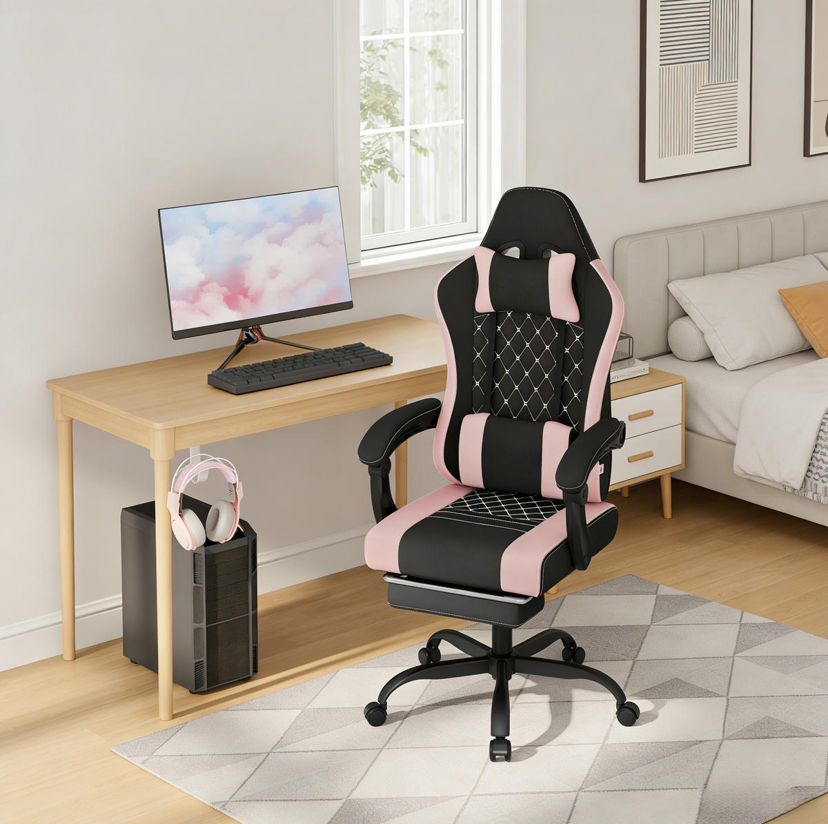 BÜROSTUHL mit Massagefunktion höhenverstellbar Mesh-Stoff Metall Black/Pink - Schwarz, Metall (70/127/70cm) - Meubliv