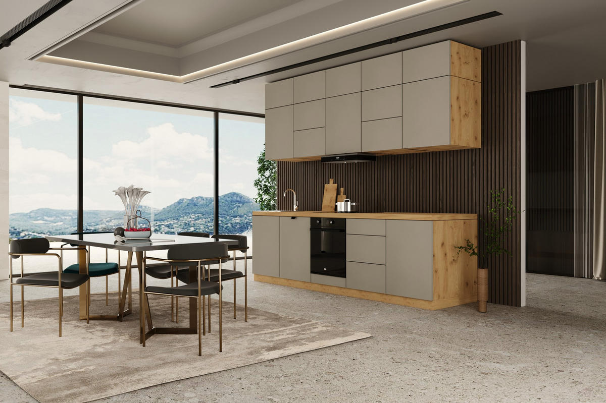 KÜCHENZEILE 300 cm - Langen KL13-M300 - in Beige / Matt - Beige, Holz (300/212/52cm)