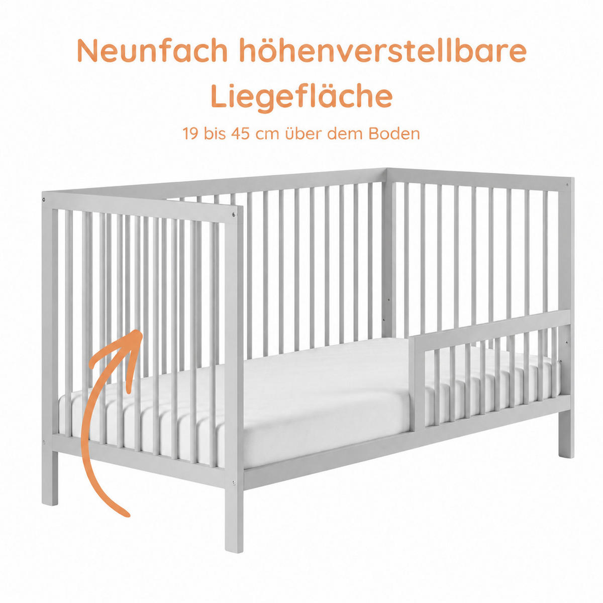 BABYPOSTÝLKA s poloviční boční zábranou 60x120 cm v šedé barvě - šedá, dřevo (60/120cm) - Kids Collective