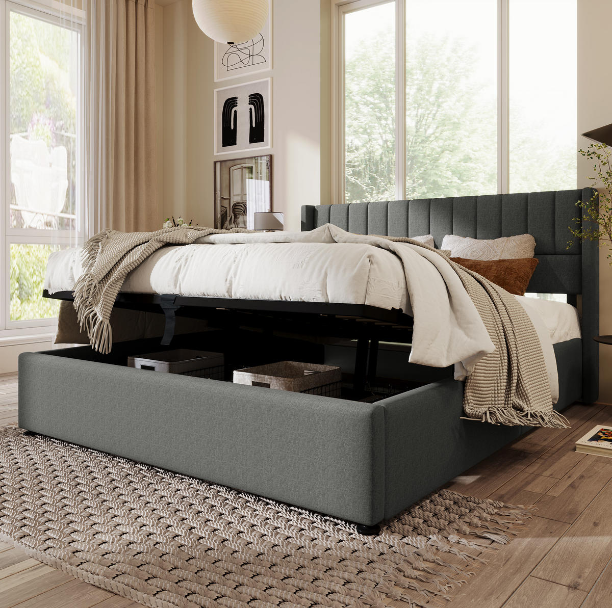 BETT mit Bettkasten 160x200 cm Leinen Grau - Grau, Metall (160/200cm) - Meubliv