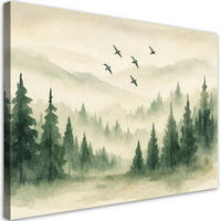 LEINWANDBILD Wald Berge Vögel Aquarell Grün Natur 90x60cm - Grün, Textil (90/60cm) - Feeby