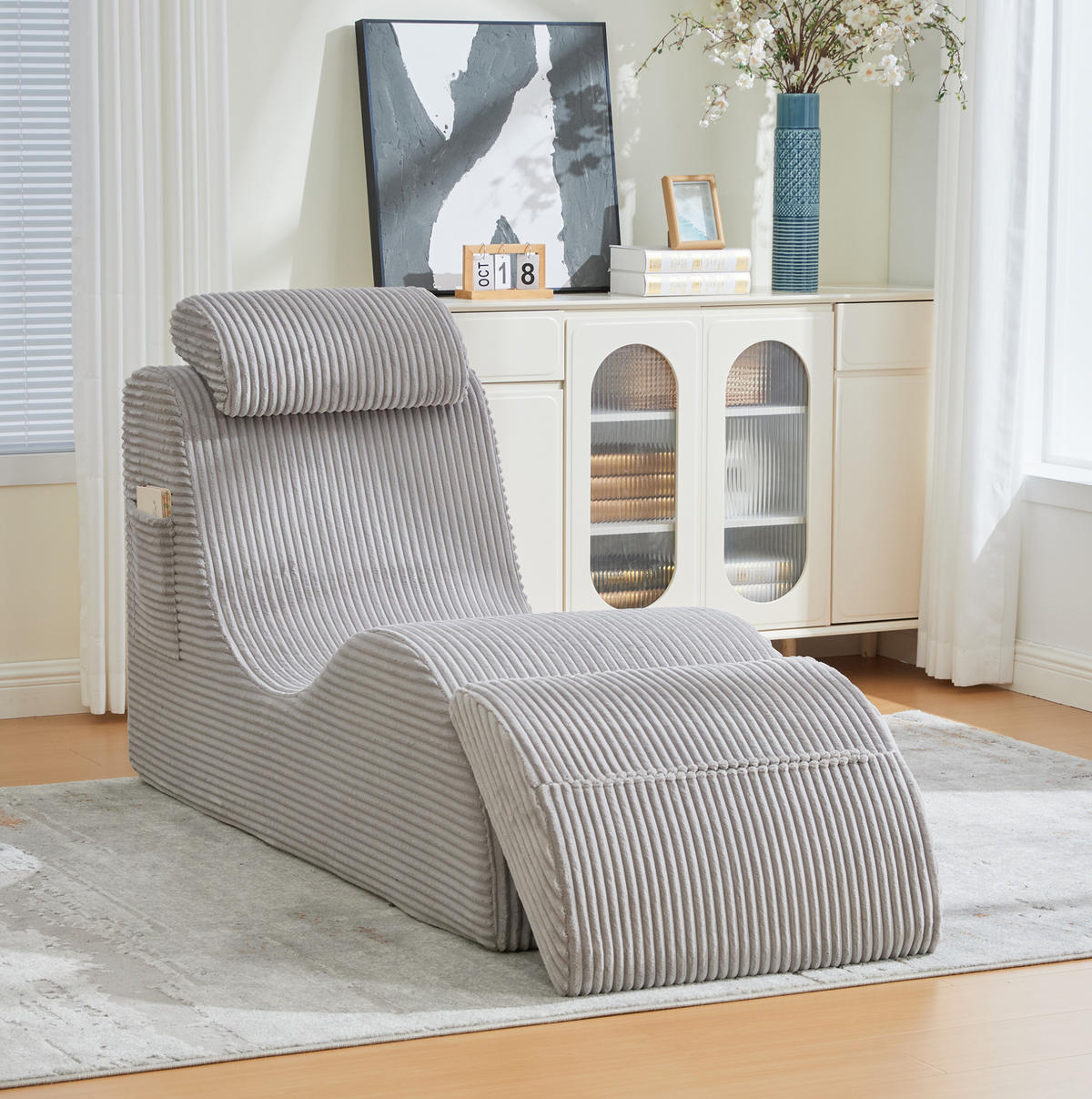 KŘESLO 160/66/90 cm světle šedé z manšestru s ergonomickým opěradlem a boční kapsou - světle šedá, textil (66/90/160cm) - OKWISH