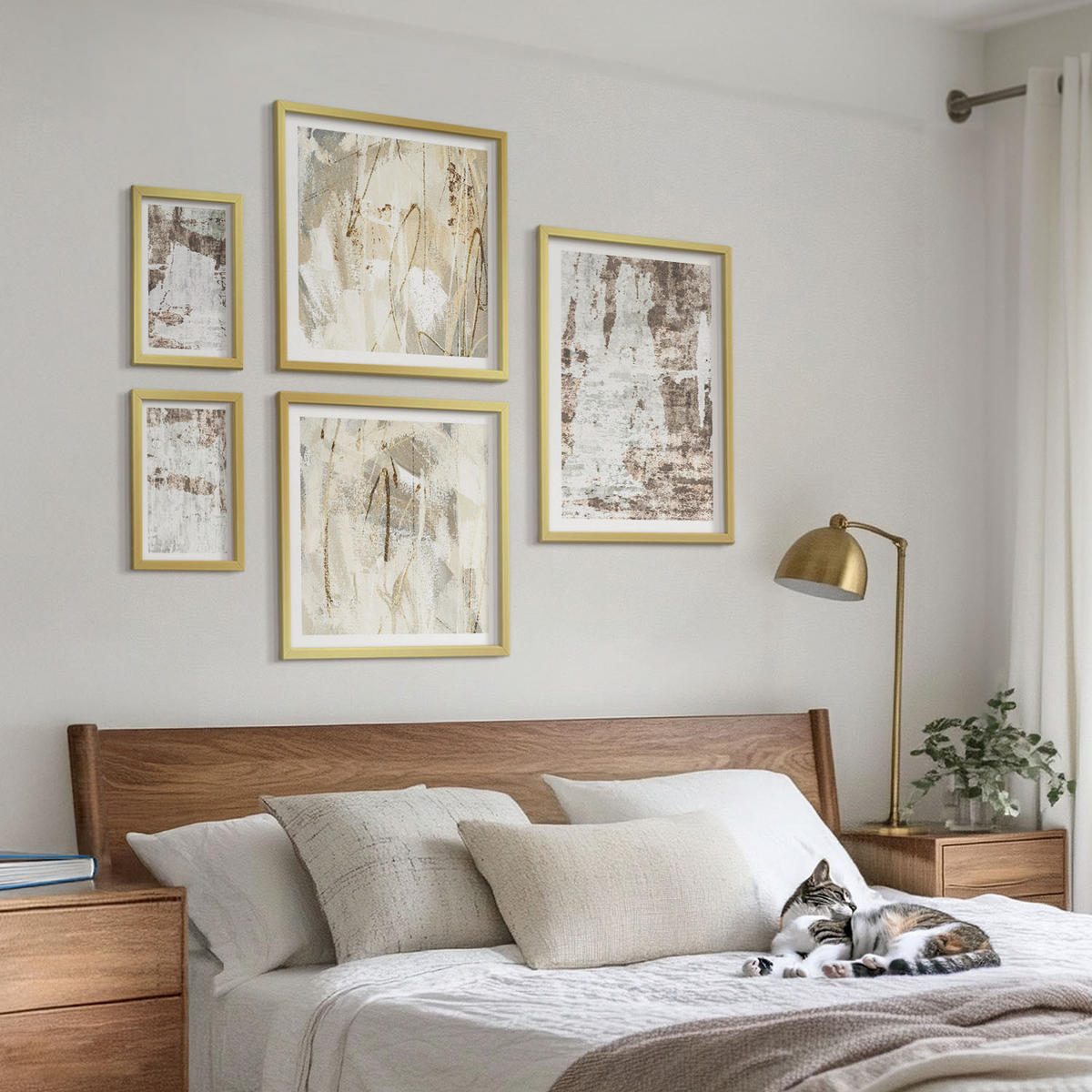 WANDBILDER 5er Set - 50x50 cm & 20x30 cm & 40x60 cm Goldrahmen - Abstrakte Muster, weiß, braun - Goldfarben, Kunststoff (40/60cm) - ArtPrintCave