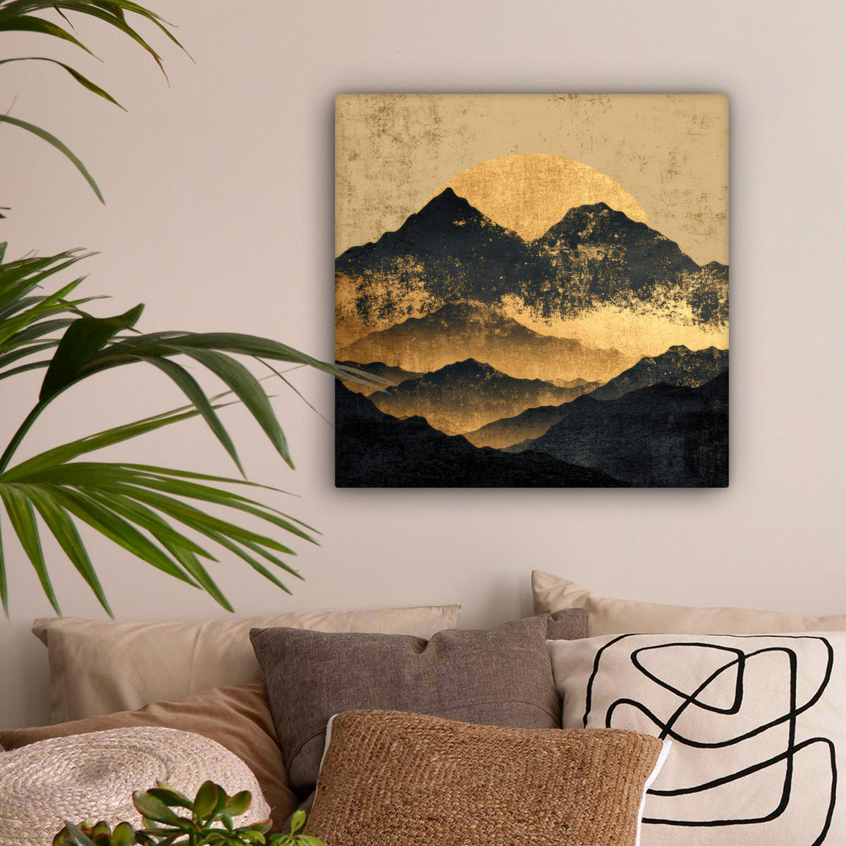 LEINWANDBILD Goldene Berge bei Mondschein Wandbild Wohnzimmer 50x50 cm - Goldfarben, Textil (50/50cm) - MuchoWow