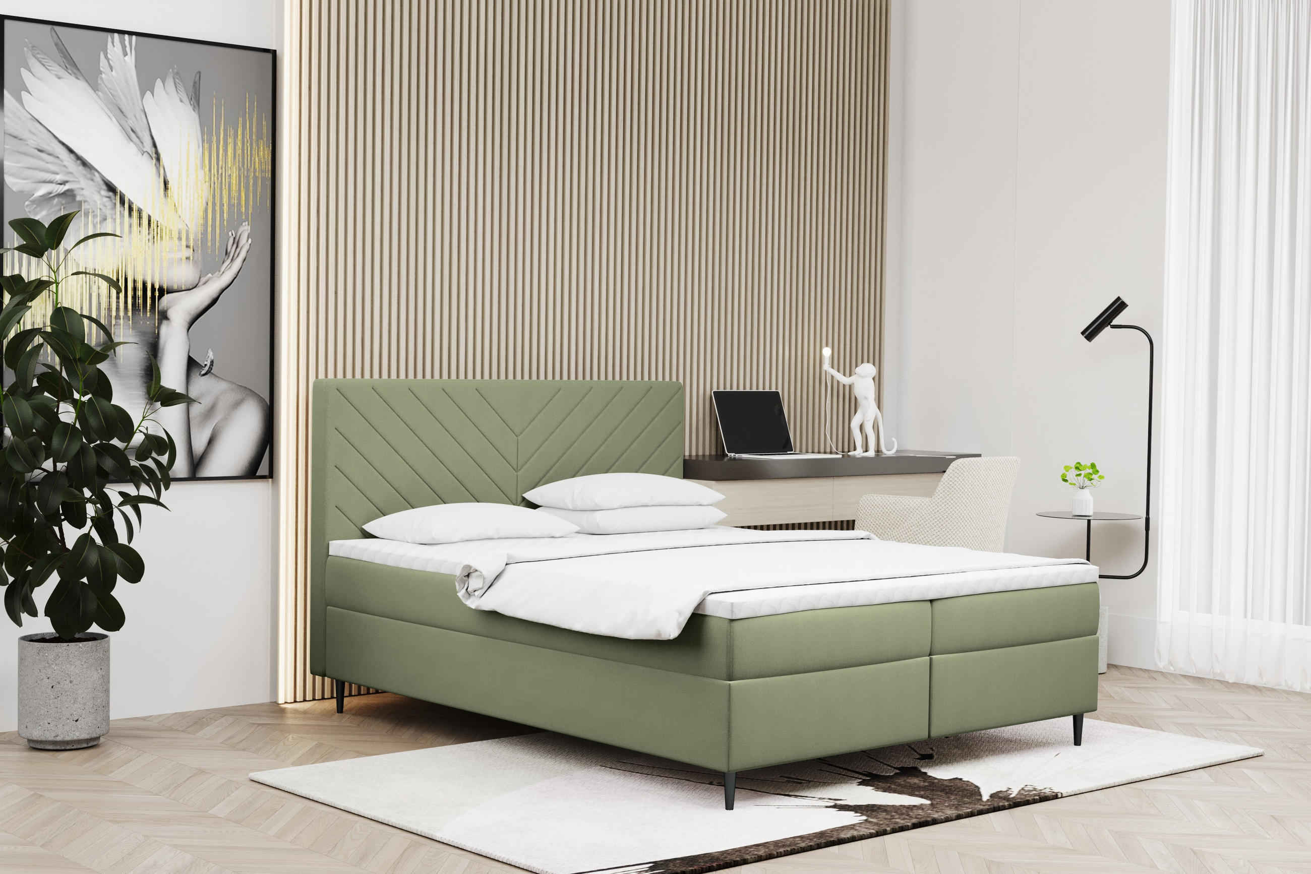 BOXBETT Mit Bettkasten Und Matratze + Topper RUGIA Stoff Velvet Hellgrün 180x200 cm H2-Pocket - Hellgrün, Holz/Holzwerkstoff (180/200cm) - Kaiser Möbel