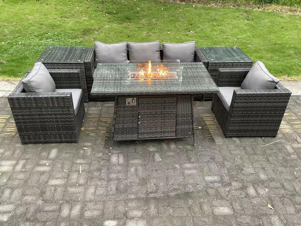 GARTENTISCHGRUPPE Polyrattan 5-Sitzer Grau - Dunkelgrau/Grau, Glas/Kunststoff - Fimous