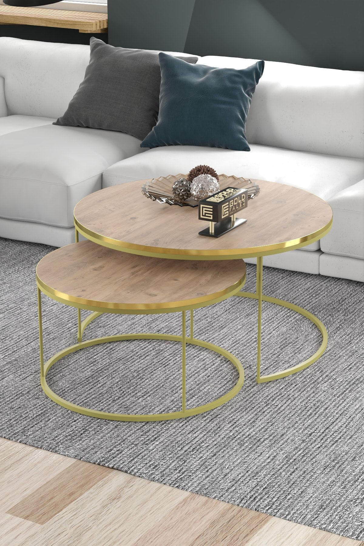 COUCHTISCH-SET 2 TLG. Trevano - Hellbraun/Goldfarben, Holzwerkstoff/Metall (70/70/51cm) - [en.casa]