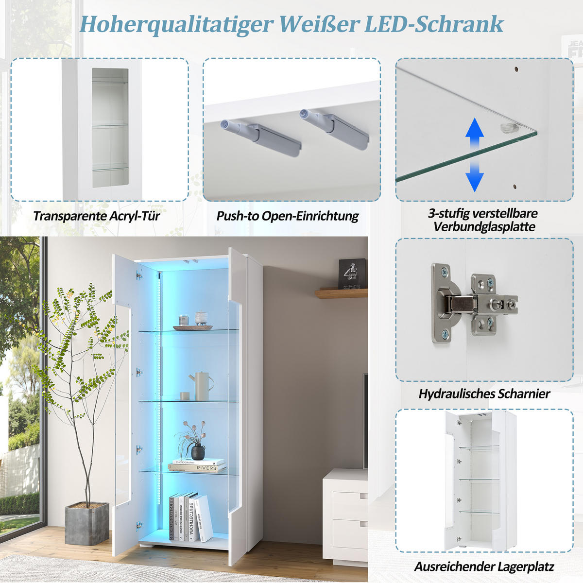 VITRINE Hochglanz LED Acryltüren Gehärtetes Glas Weiß - Weiß, Holzwerkstoff (70/173/40cm) - FLIEKS