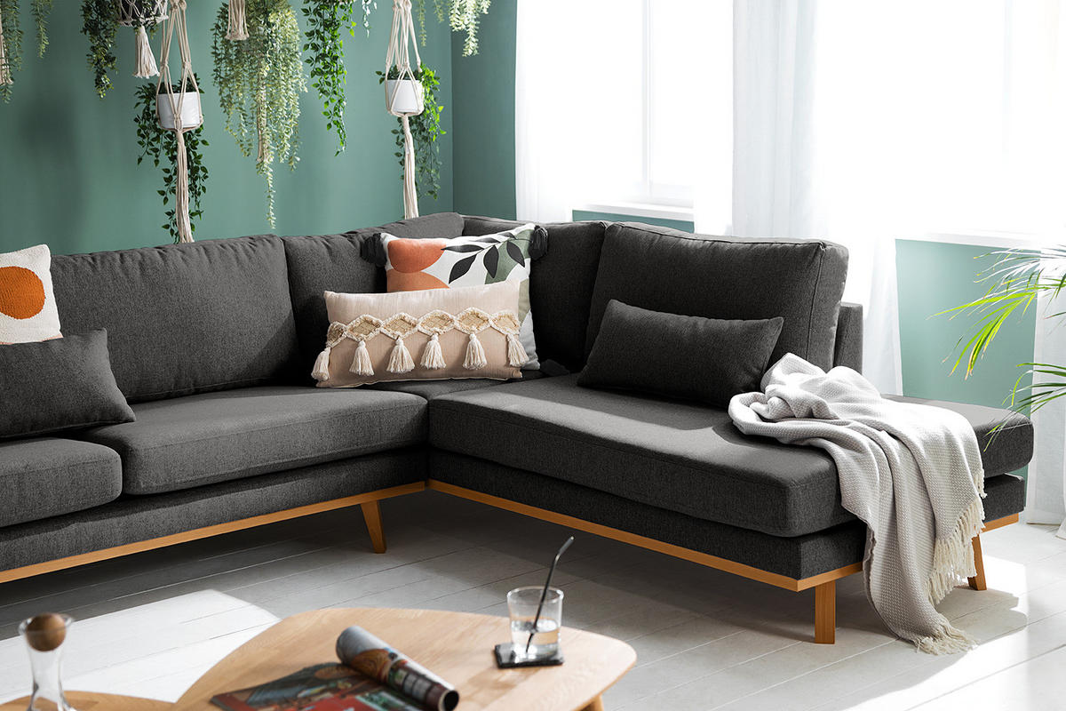 WOHNLANDSCHAFT mit Longchair - Dunkelgrau/Buchefarben, Buchenholz/Textil (371/81/219cm) - home24