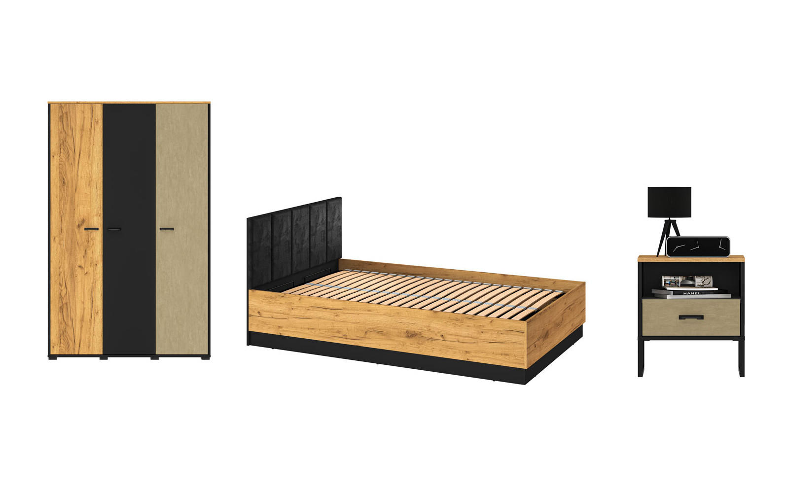 JUGENDZIMMER-SET Colt schwarz / Craft Gold Eiche / Premium Steel 3-teilig - Multicolor/Braun, Holz/Holzwerkstoff (126/190/208cm) - Feldmann-Wohnen