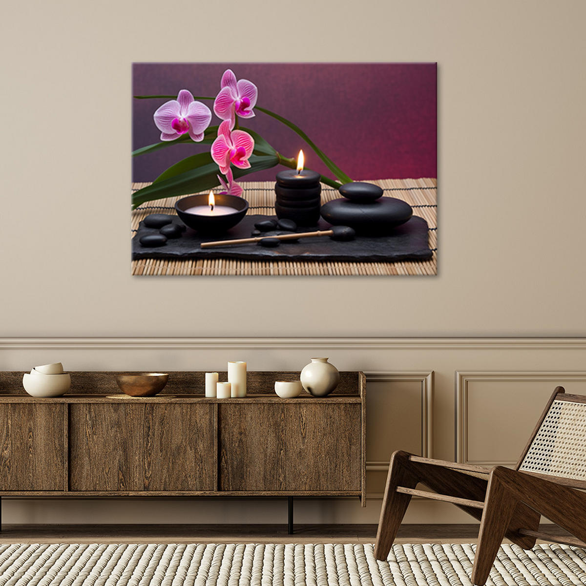 WANDBILD orchidee steine zen spa - Lila, Textil (60/40cm) - Feeby