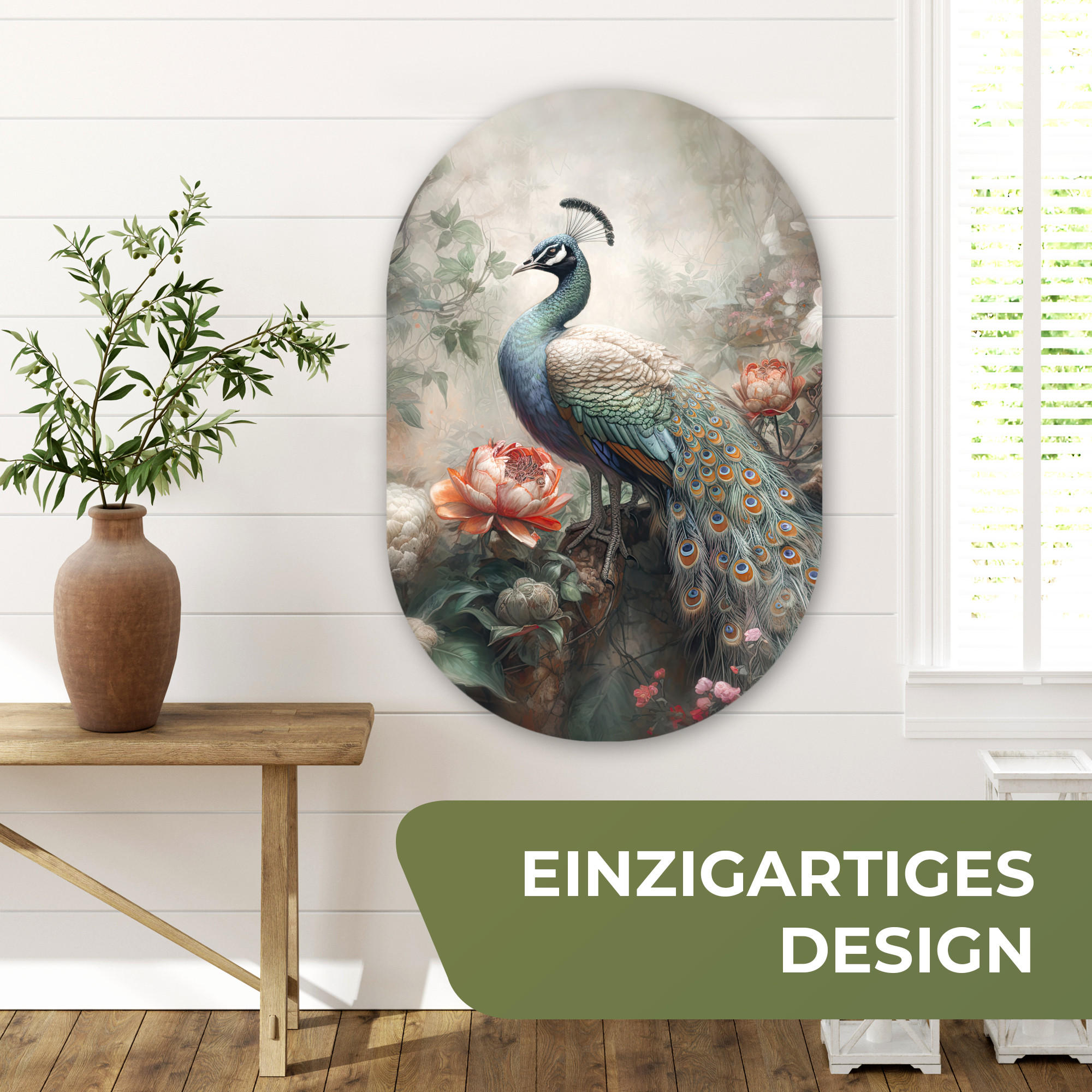 WANDBILD Pfau - Pfauenfedern - Vogel - Dschungel - Blumen 60x90 cm - Smaragdgrün, Kunststoff (60/90cm) - MuchoWow