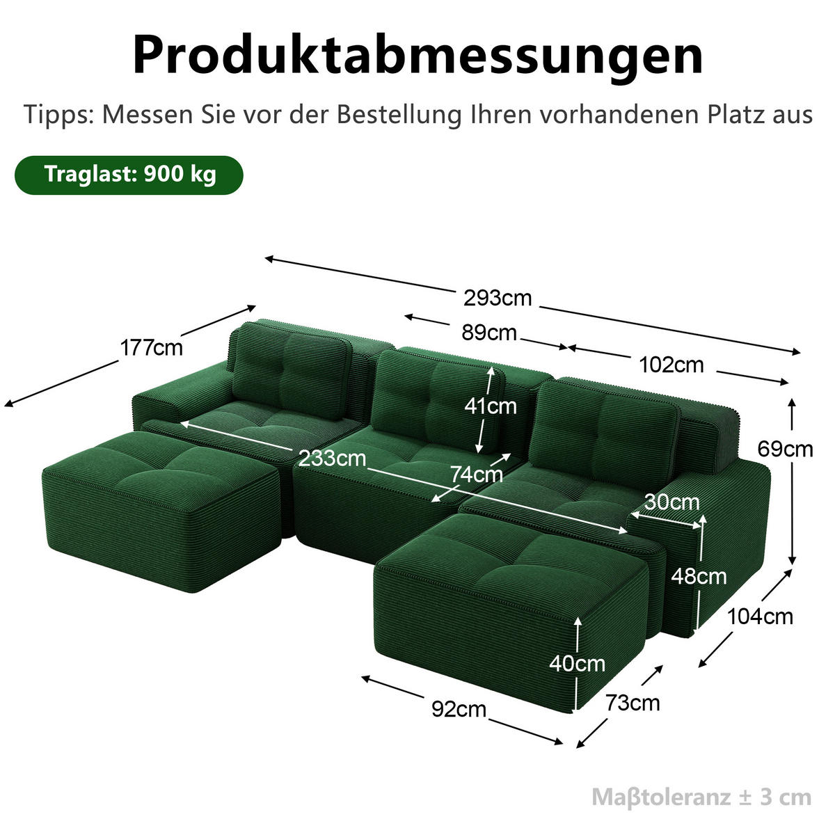 WOHNLANDSCHAFT DE-34113 modular 3-Sitzer mit Ottoman Grün - Grün, Textil (177/69/293cm) - ComfortXL