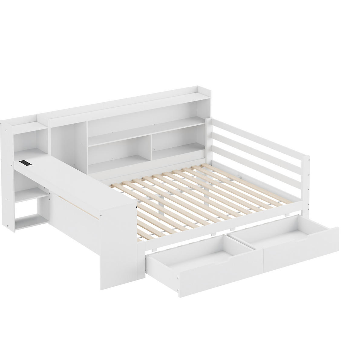 HOLZBETT 140/200 cm mit Schreibtisch, Regalen und USB-Steckdose - Weiß, Holz (140/200cm) - BEAOK