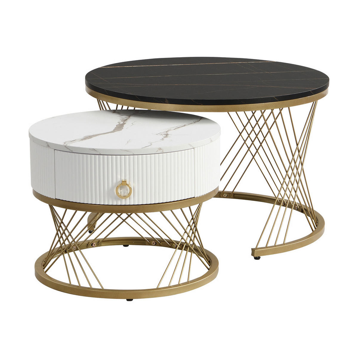 COUCHTISCH SET 2-TEILIG Marmoroptik Golddekor mit Schubladen - Schwarz, Holz (78/76.5/28cm) - FLIEKS