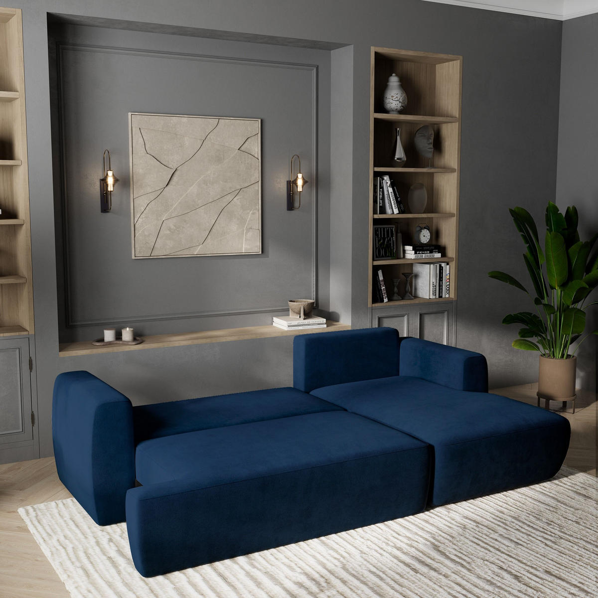 ECKSOFA SENTI K R-S Blau Plüsch-Stoff mit Schlaffunktion - Blau, Holz (246/148cm) - MASSENO