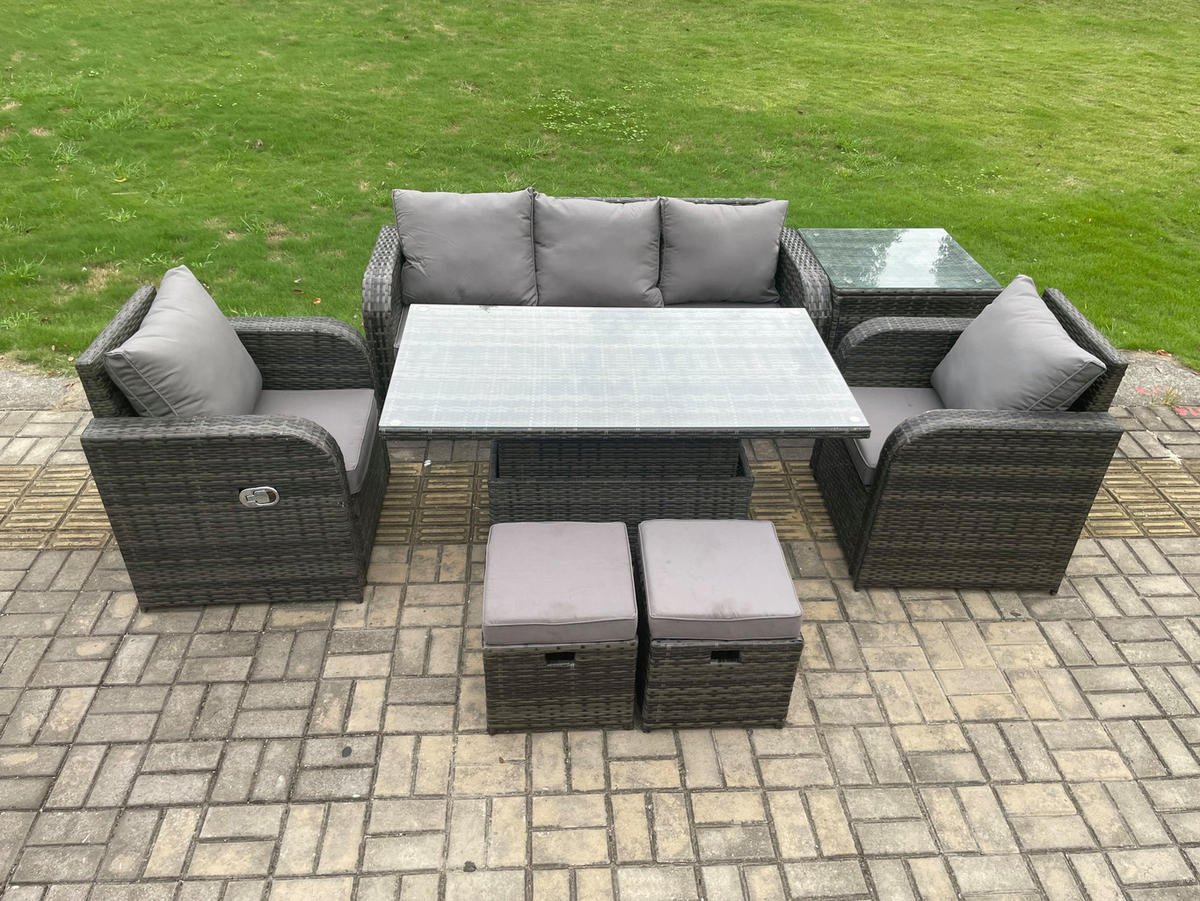 LOUNGESOFA Polyrattan 7-Sitzer - Dunkelgrau/Grau, Glas/Kunststoff - Fimous