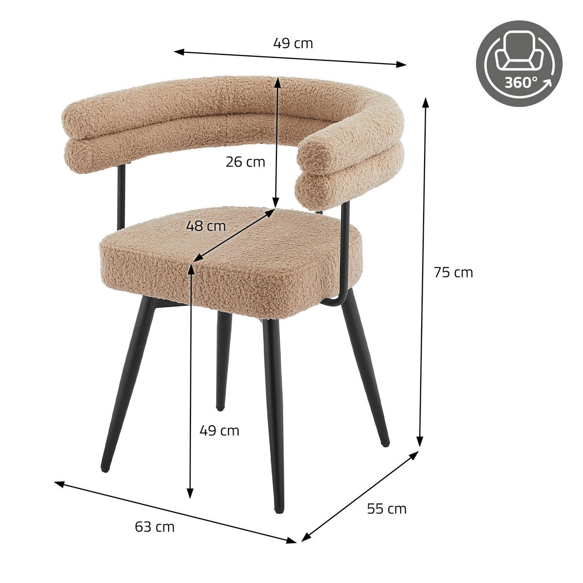 ESSZIMMERSTÜHLE drehbar 6er Set Braun Teddy-Stoff - Schwarz/Braun, Textil/Metall (63/75/55cm) - ML-DESIGN