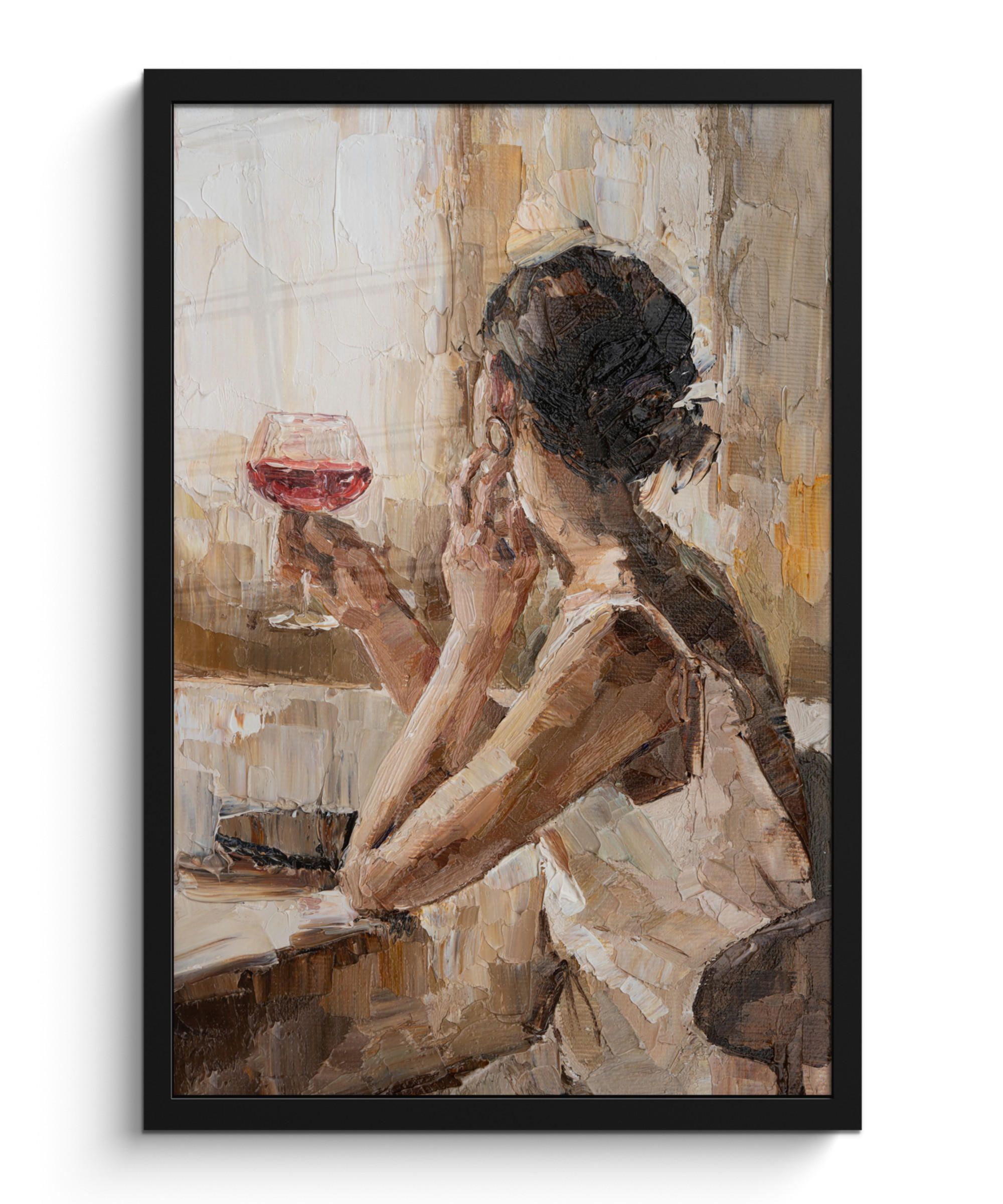 GERAHMTES BILD Ölgemälde - Frau - Wein 40x60 cm - Hellbraun, Papier (40/60cm) - MuchoWow