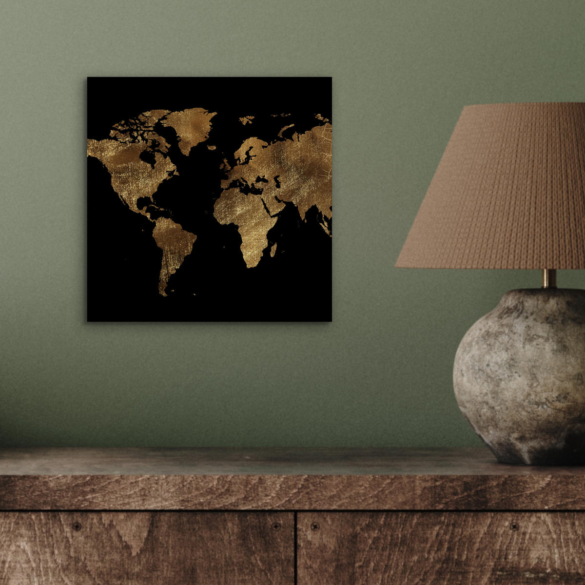 KOVOVÝ OBRAZ Mapa sveta - Zlato - Luxus - Zem - Čierna 20x20 cm - zlatá, kov (20/20cm) - MuchoWow
