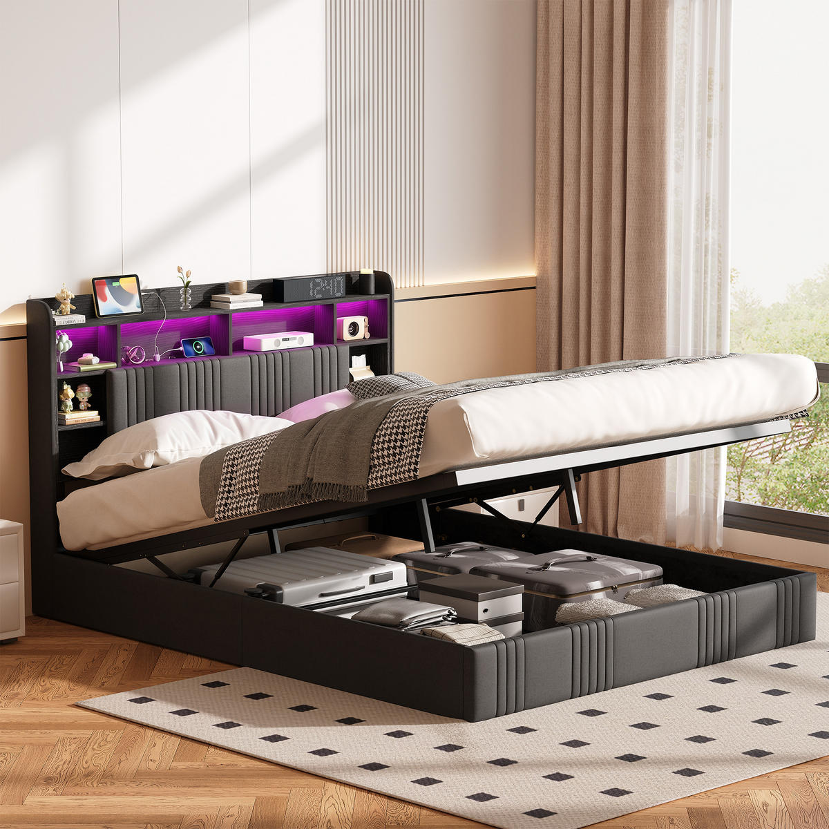POLSTERBETT 140x200 cm Grau mit LED, Bettkasten & USB-C Ladestation - Grau, Holz (140/200cm)