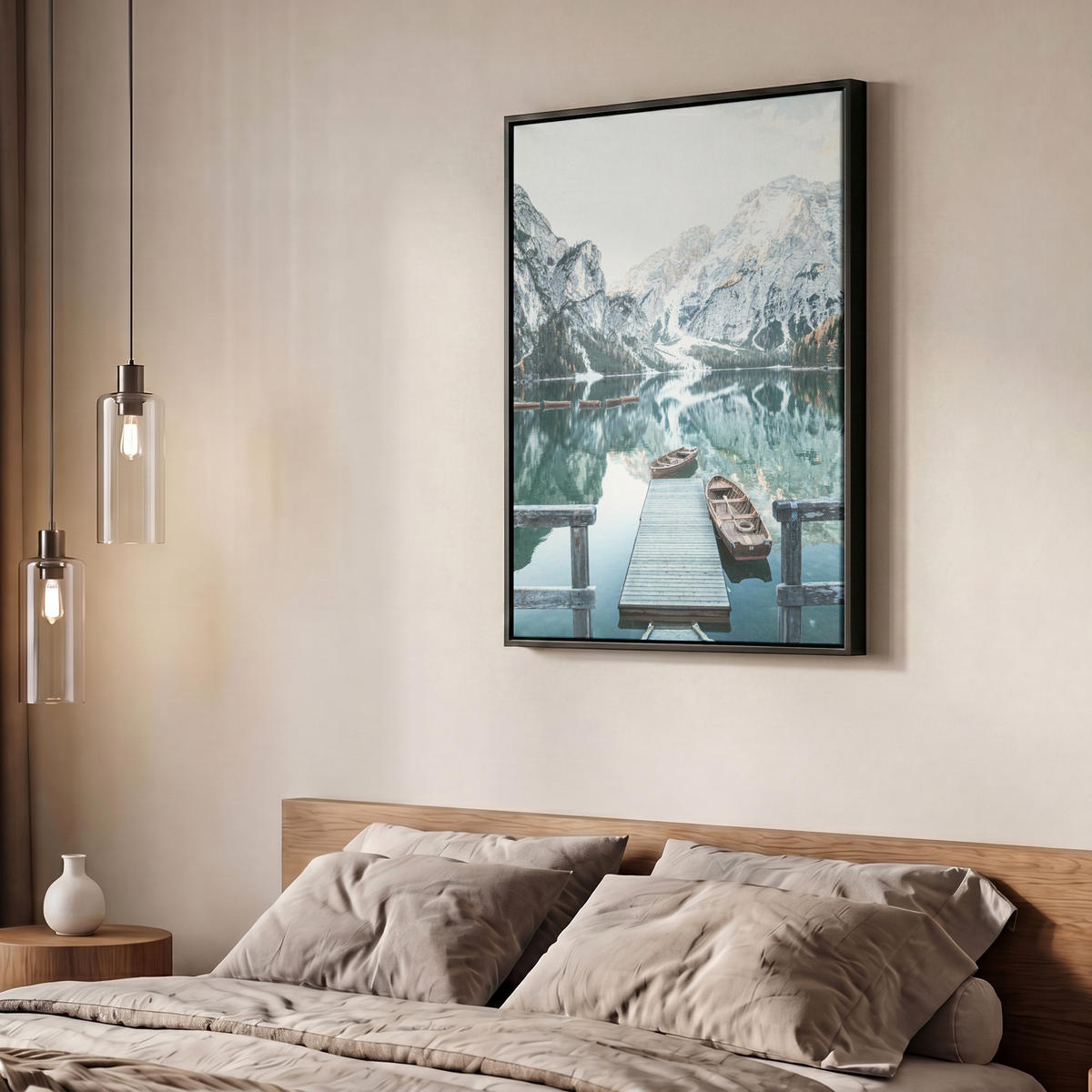 LEINWAND Bilder mit Rahmen - Natur - Berge - Schnee - Wald - Boot - 60x80 - Hellgrün, Textil (60/80cm) - MuchoWow
