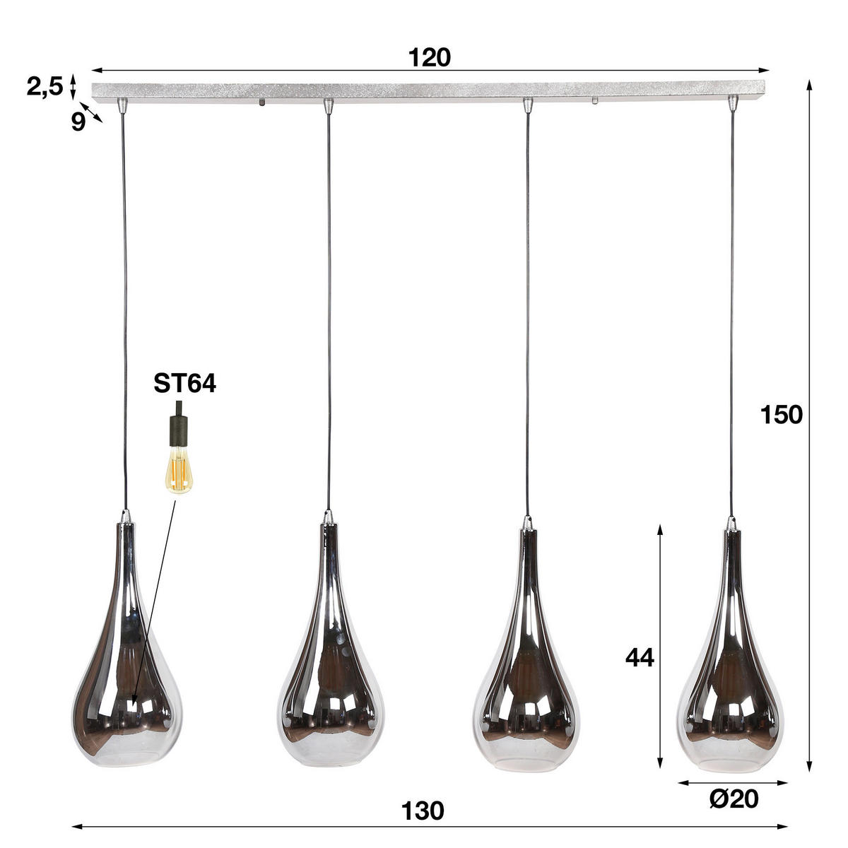HÄNGELEUCHTE Drop Silber 130/20/ 150 cm - Silberfarben, Glas (130/20/150cm) - Hoyz Collection