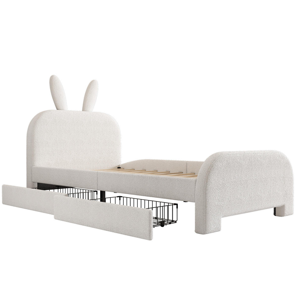 KINDEREINZELBETTEN aus Plüsch und MDF 90x200 cm in Weiß mit 2 Schubladen - Weiß, Textil (90/200cm) - Modfu