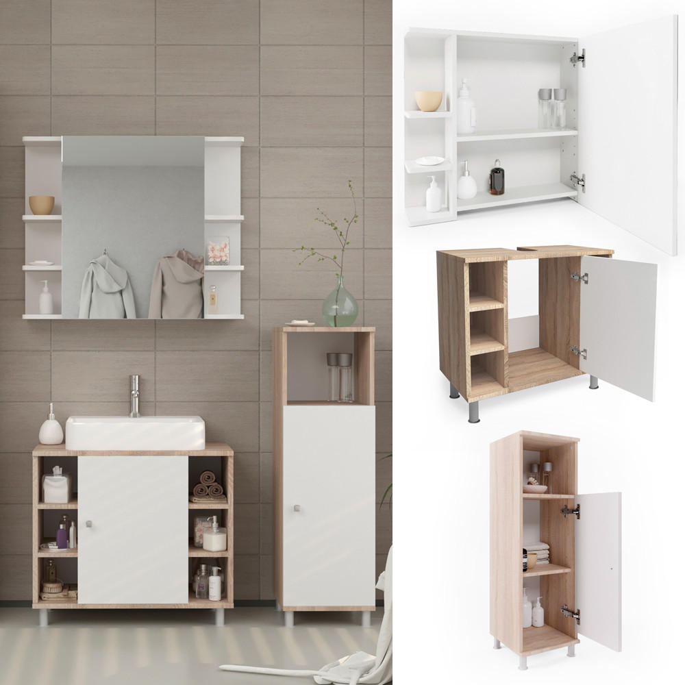 BADMÖBEL-SET Fynn Sonoma 3 Teile, mit Midischrank - Weiß/Sonoma Eiche, Holzwerkstoff (60/54/32cm) - Vicco