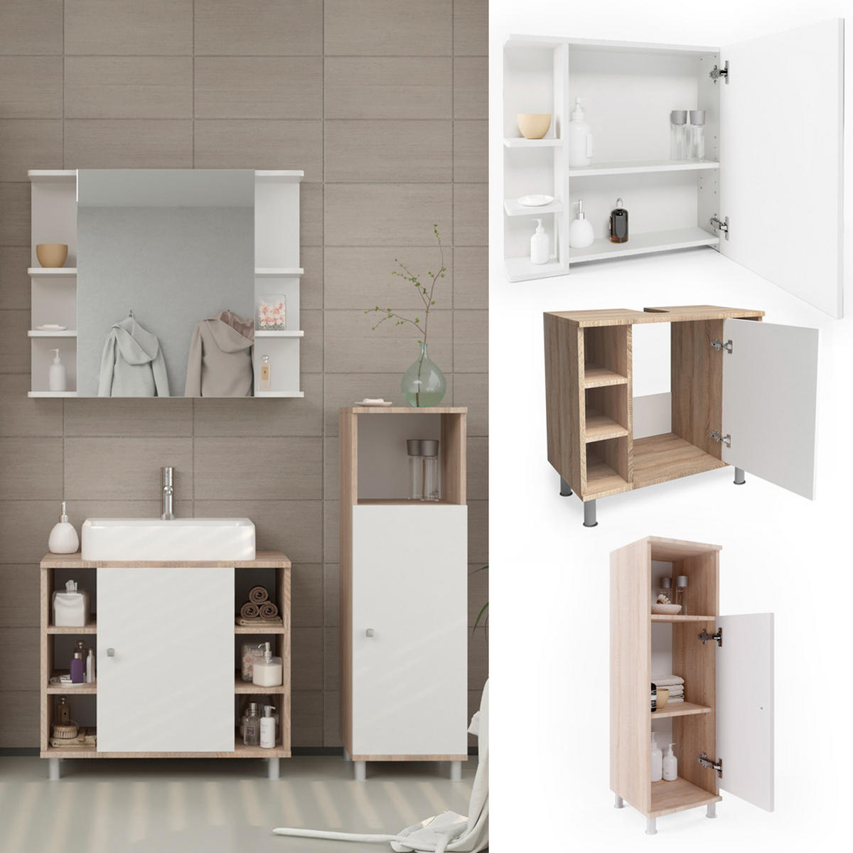 BADMÖBEL-SET Fynn Sonoma 3 Teile, mit Midischrank - Weiß/Sonoma Eiche, Holzwerkstoff (60/54/32cm) - Vicco