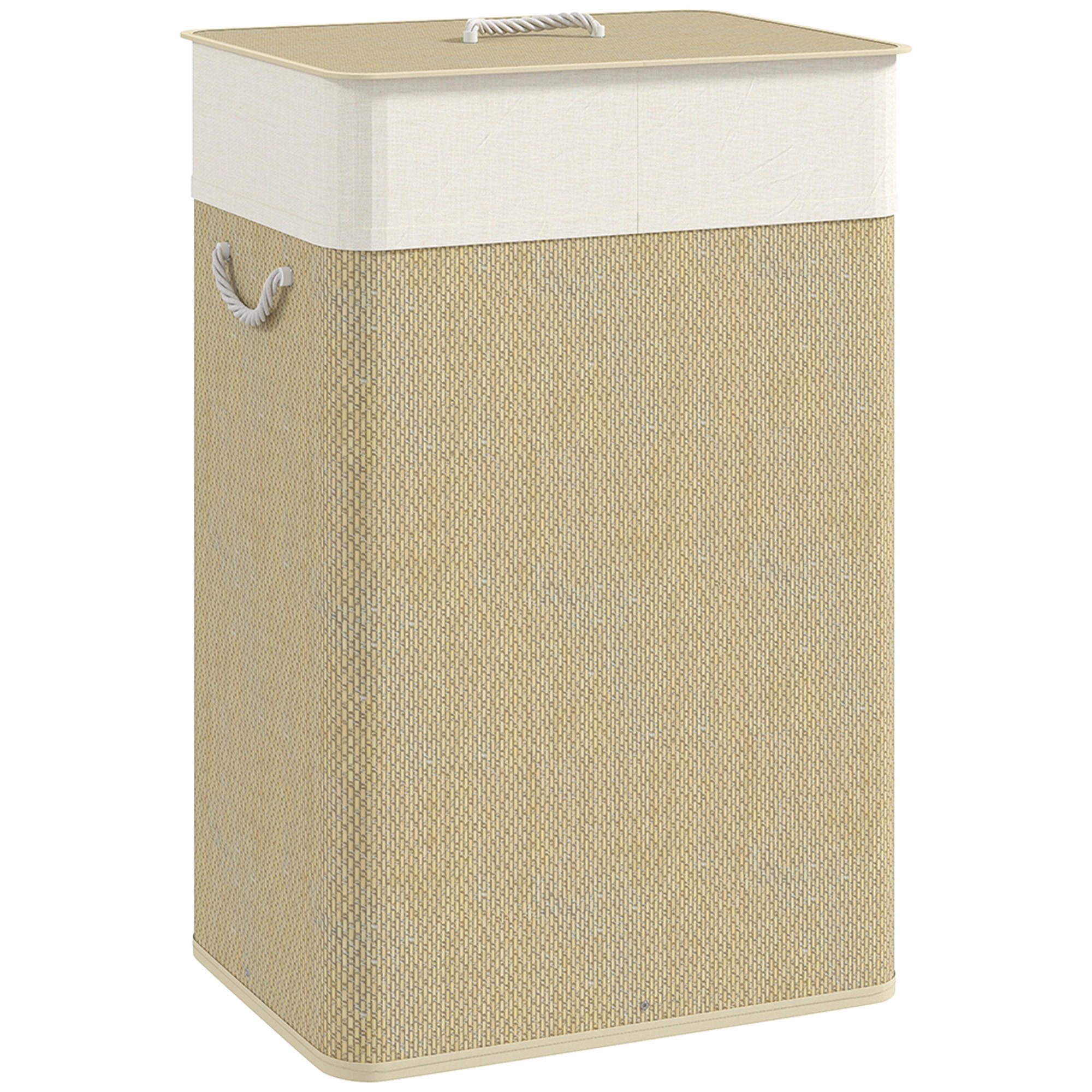 BAMBUS Wäschekorb mit Deckel 72 L Wäschesammler mit Seilgriffen Naturholz - Creme/Naturfarben, Naturmaterialien/Textil (30/60/40cm) - HOMCOM