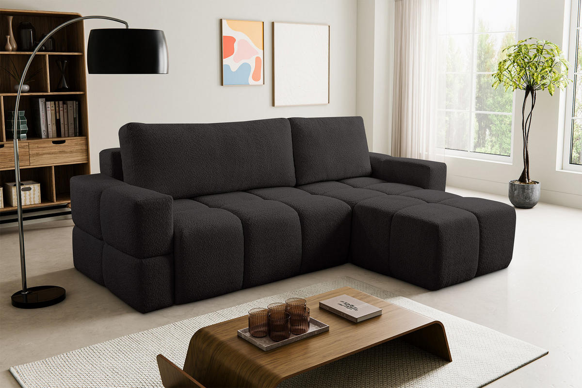 ECKSOFA LUSSO mit Schlaffunktion und Bettkasten, Farbe: Schwarz, Bouclé-Stoff, Ottomane Universal - Schwarz, Textil (255/165cm)